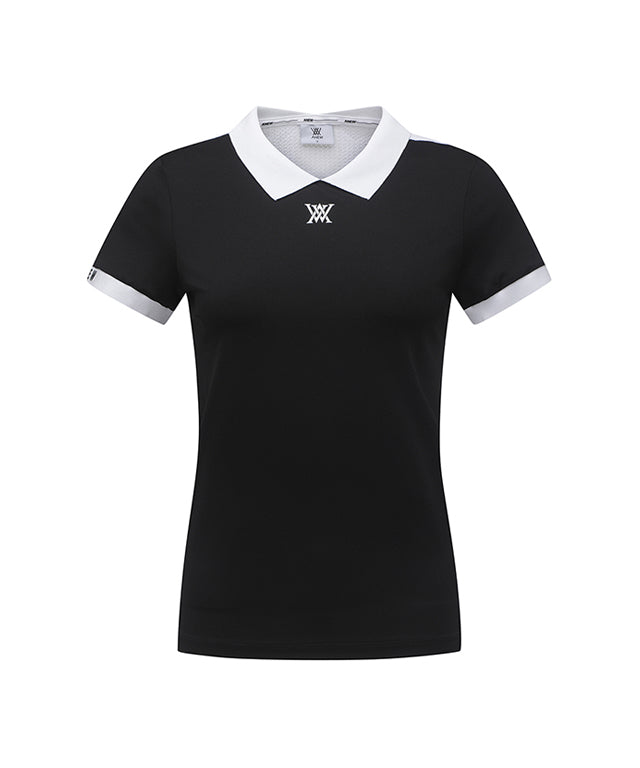 ANEW Golf Women's Back Knit Block Short T-Shirt in Black, featuring a stylish design with a mesh back panel for breathability.